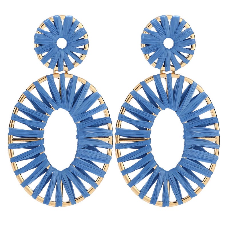 BaubleStar Kiera Raffia Tassel Fringe Rattan Hoop Drop Statement Earrings for Women Blue Tiered Thread Handmade Round Oval Cirle Dangle Fashion Jewelry - Image 1